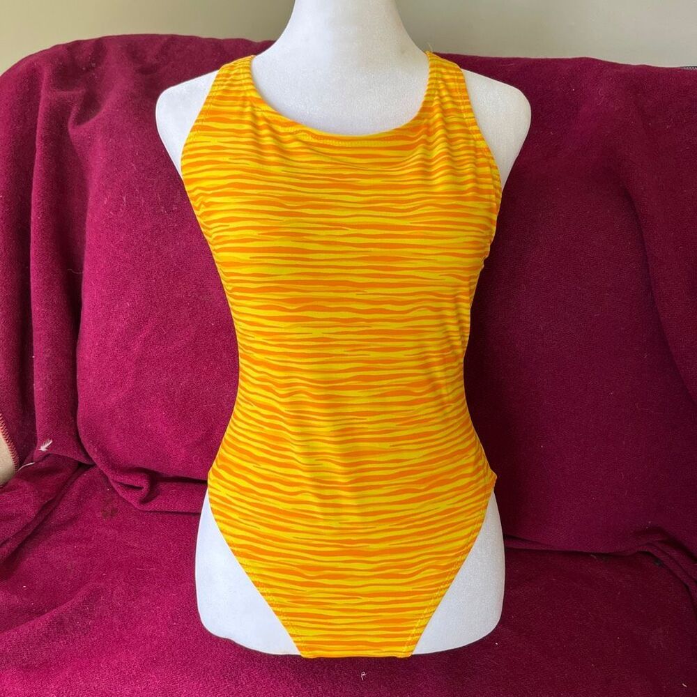 VTG Dolfin Yellow Orange Zebra Stripe Racerback Swimsuit USA 80s 90s 36
